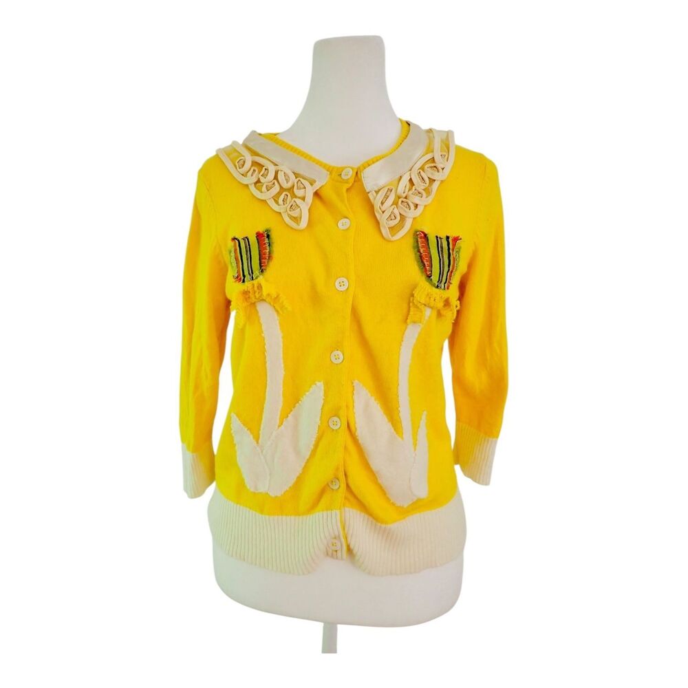 Field Flower Anthropologie Cardigan S Yellow Cashmere Cotton Tulip Embellished